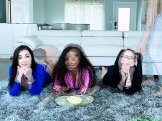 Stepbro fucking his teen ebony stepsis and her brunette bffs