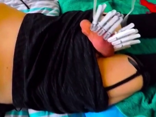 Tough BDSM whip with clamps on armpits nipples and testicles