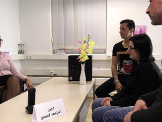 German female Teacher show Teen how to Suck in Threesome