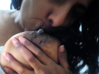 Busty curly brunette with big boobs fucks on couch