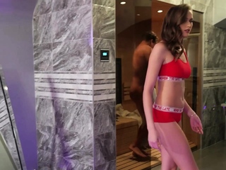 Babe enters her own sauna and catches handsome stranger